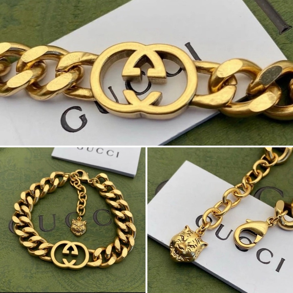 NWOT GUCCI Interlocking G Logo Bracelet 7.5in - Antique Gold Toned Finish - Picture 2 of 8